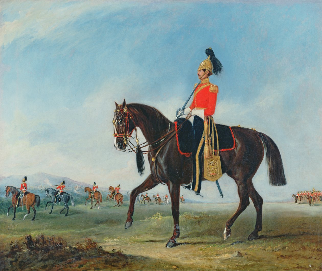 Portrett av en offiser fra 3rd Dragon Guards med andre medlemmer av regimentet Beyond av John E. Ferneley