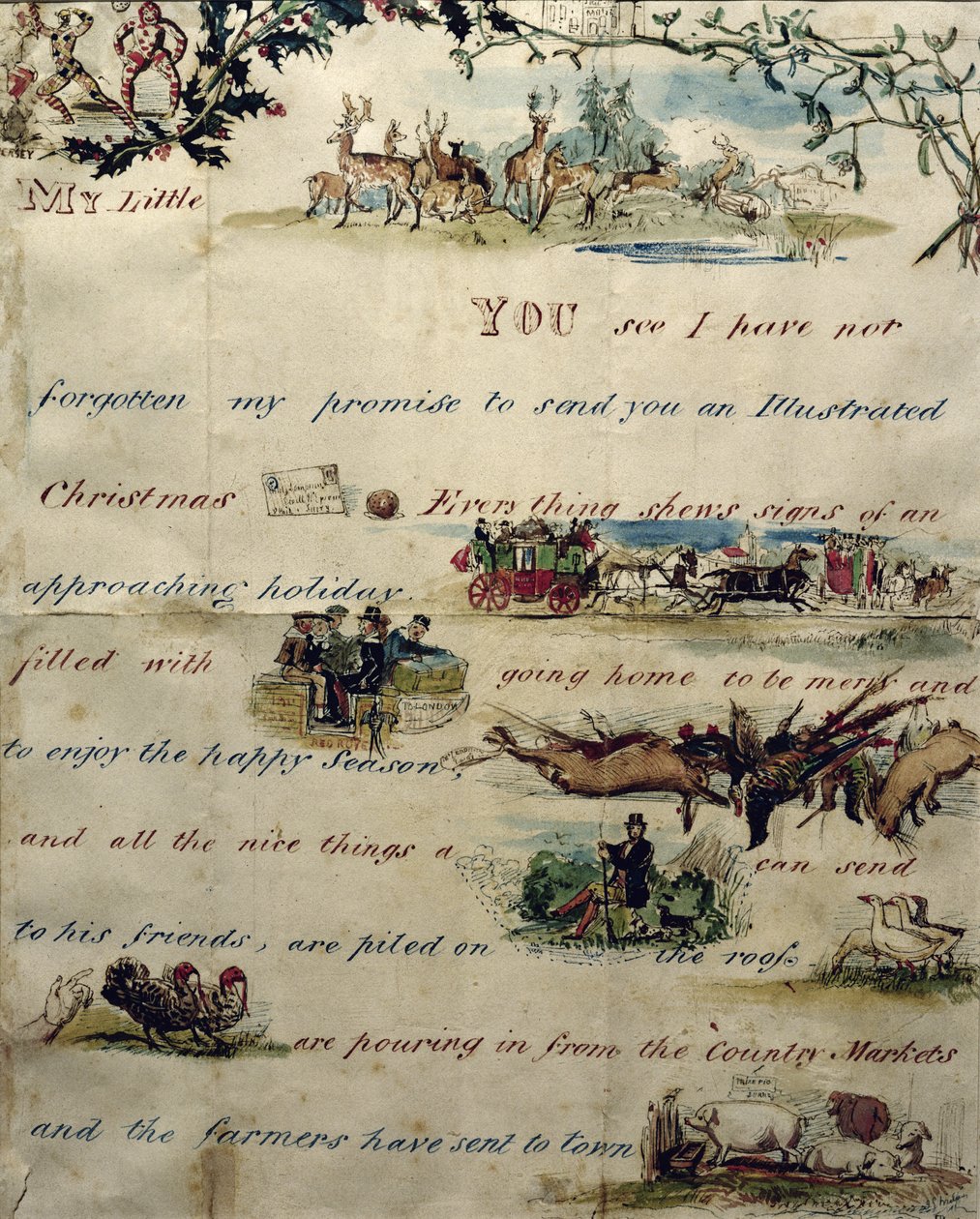 Et julebrev skrevet med piktogrammer (penn og blekk og wc på papir) (se 199385 for slutten av brevet) av John Everett Millais