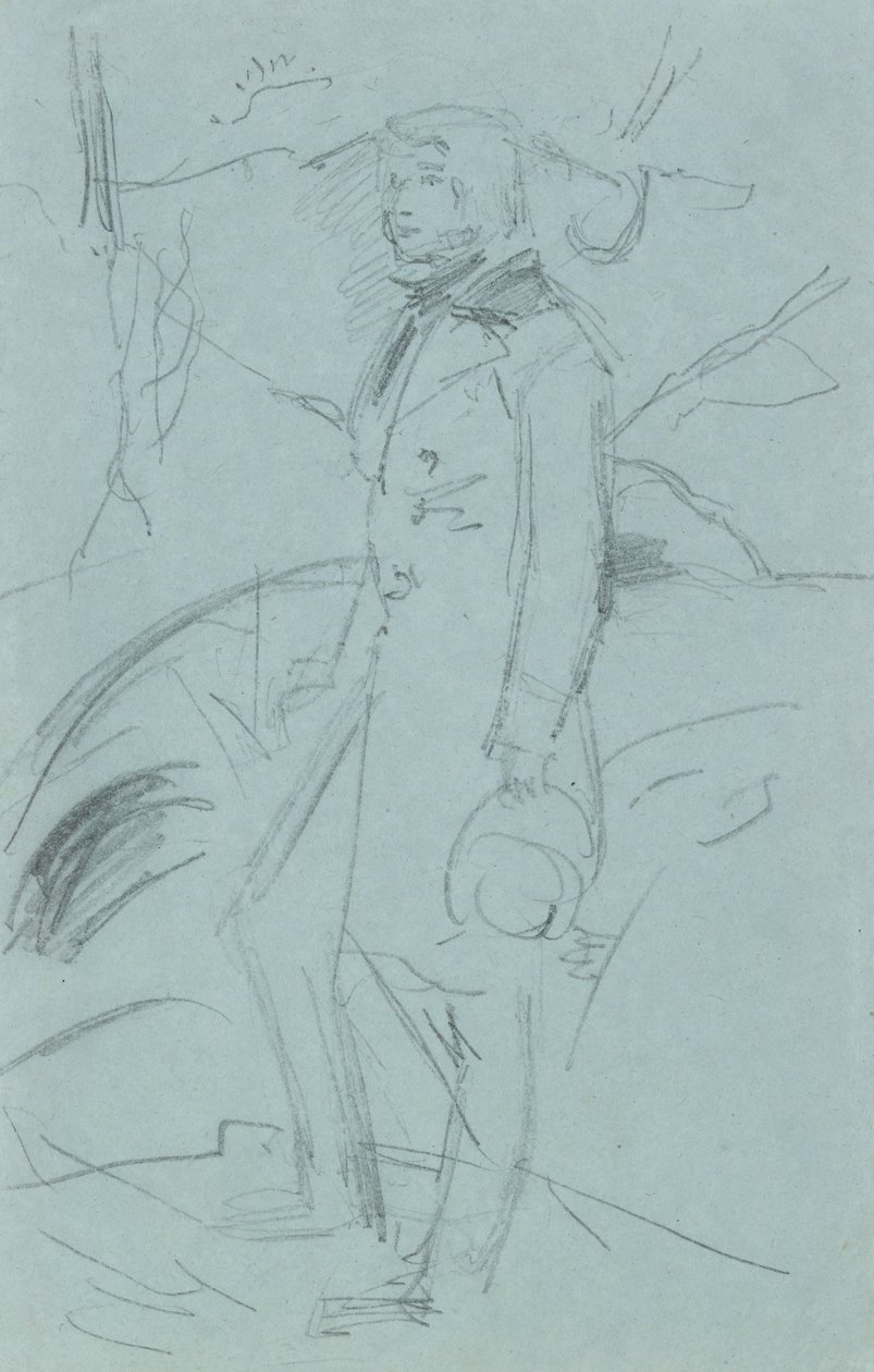 Foreløpig skisse for Portrait of John Ruskin (grafitt på blått papir) av John Everett Millais