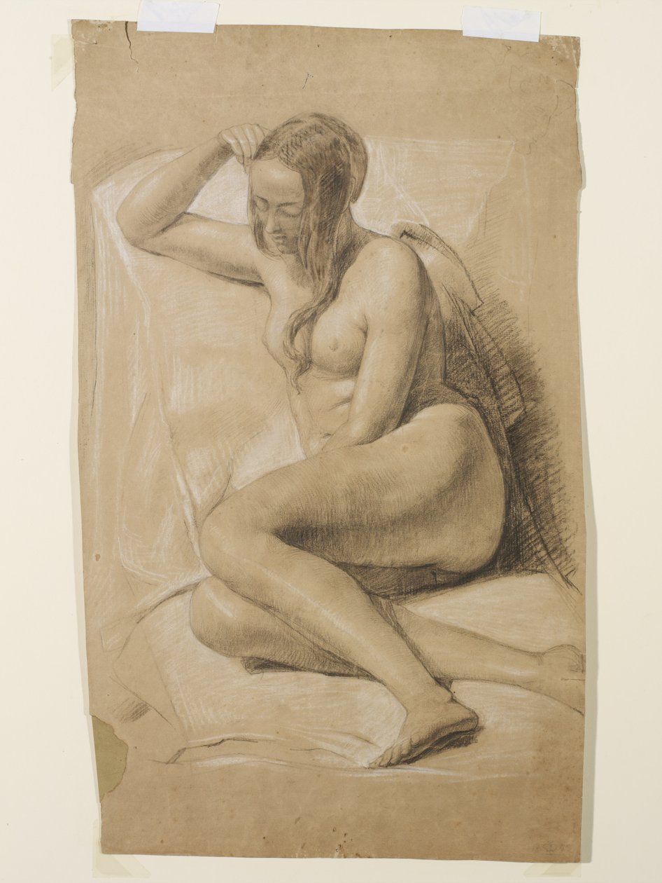 Sittende kvinne naken, 1847 (svart og hvitt kritt på brunt papir) av John Everett Millais