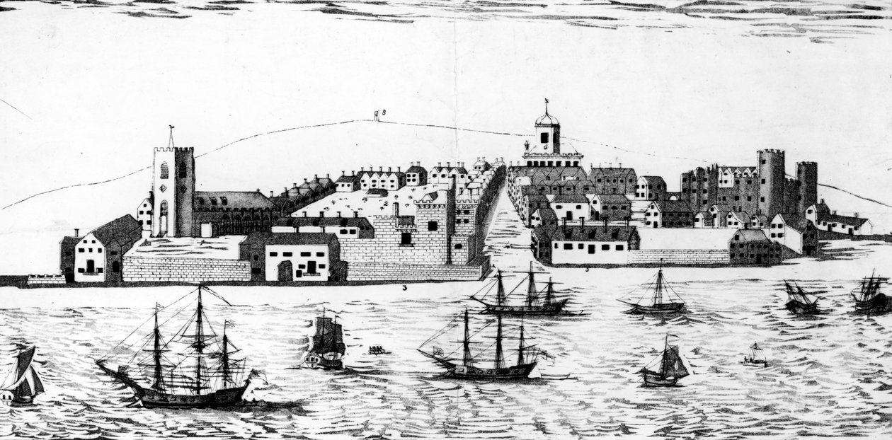 The West Prospect of the Town of Liverpool, slik den så ut rundt år 1680, litografi av John R. Isaac av John Eyes Jnr