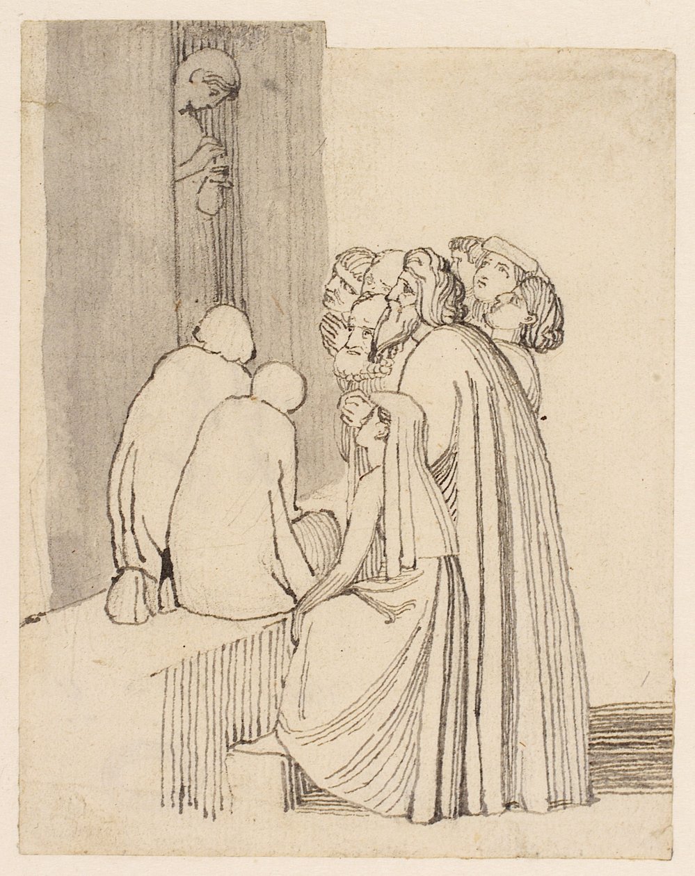 En tiggerfamilie rundt en dør (blyant, penn, blekk og vask på papir) av John Flaxman