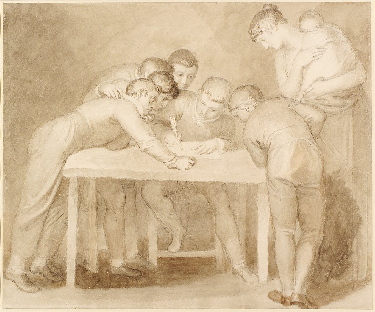 En innenlandsk gruppe (penn, blekk, blyant og vask) av John Flaxman