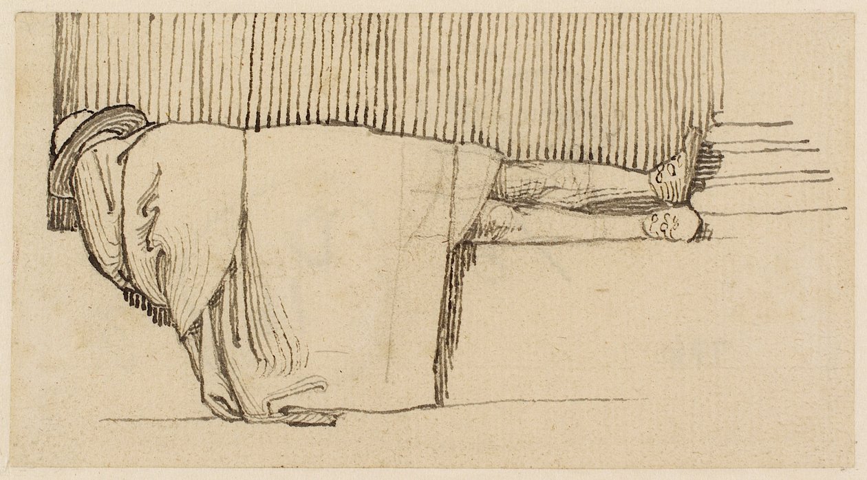 En mann i en kappe sover på sokkelen i en bygning (blyant, penn og blekk på papir) av John Flaxman