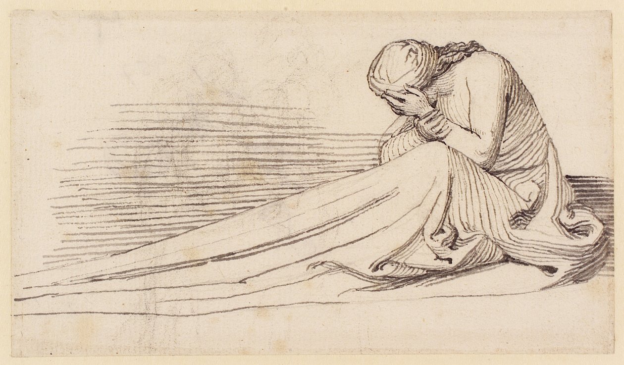 En sittende kvinnefigur i lange draperier, sørgende (blyant, penn, blekk og vask på papir) av John Flaxman