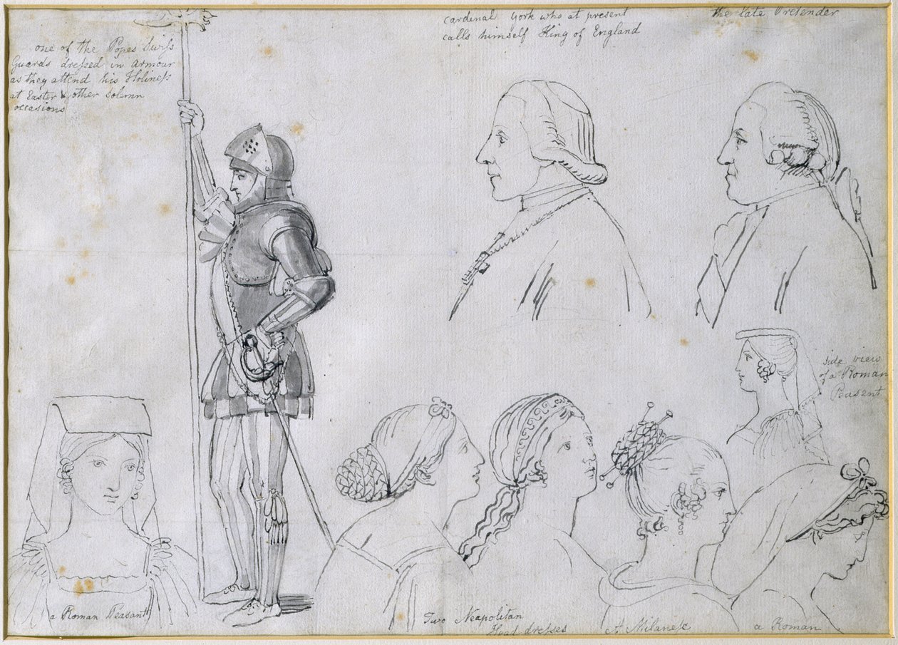 Karakterskisser i Roma med portretter av prins Charles Edward Stuart (1720-88) og hans bror kardinal York (1725-1807) (penn og blekk på papir) av John Flaxman