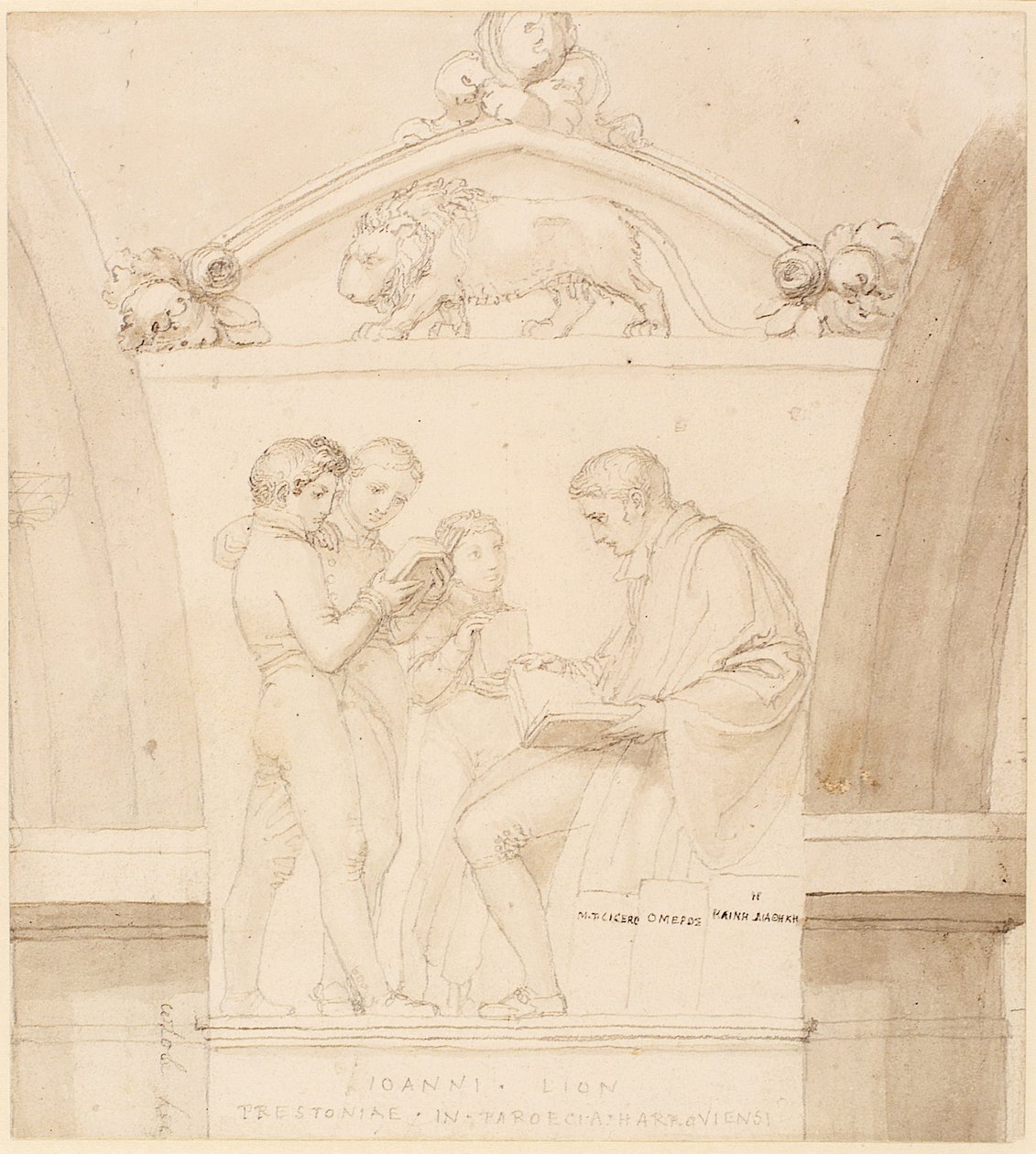 Design for et monument av John Lyon (blyant, penn, blekk og vask på papir) av John Flaxman