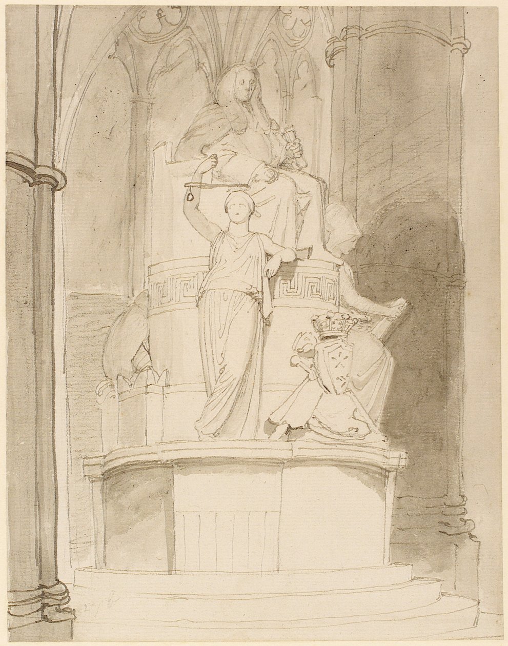 Design for monumentet til Lord Mansfield, Westminster Abbey (blyant, penn, blekk og vask på papir) (se også 273967 og 273968) av John Flaxman