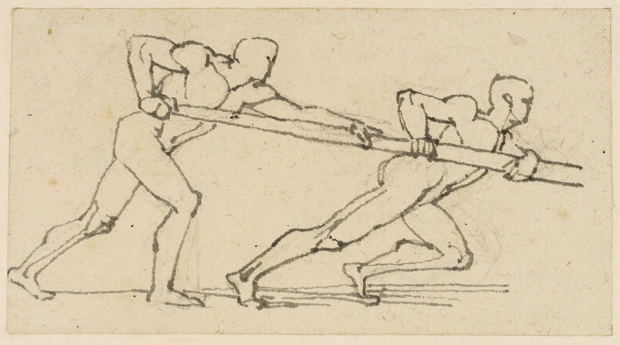 To mannsfigurer som skyver en stang til høyre (blyant, penn og blekk på papir) av John Flaxman