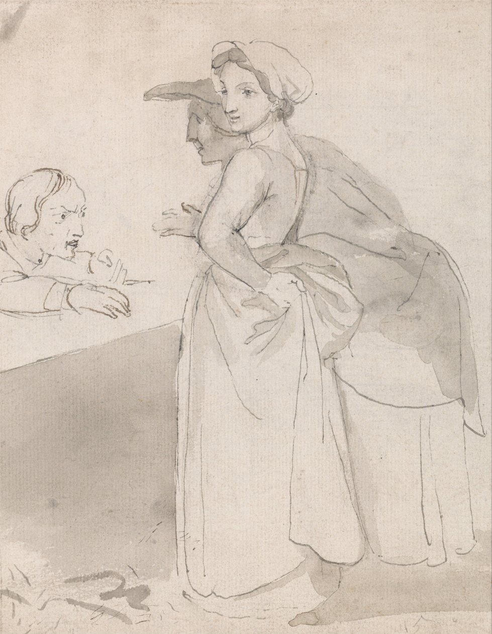 To kvinner som snakker med en mann i en skranke av John Flaxman