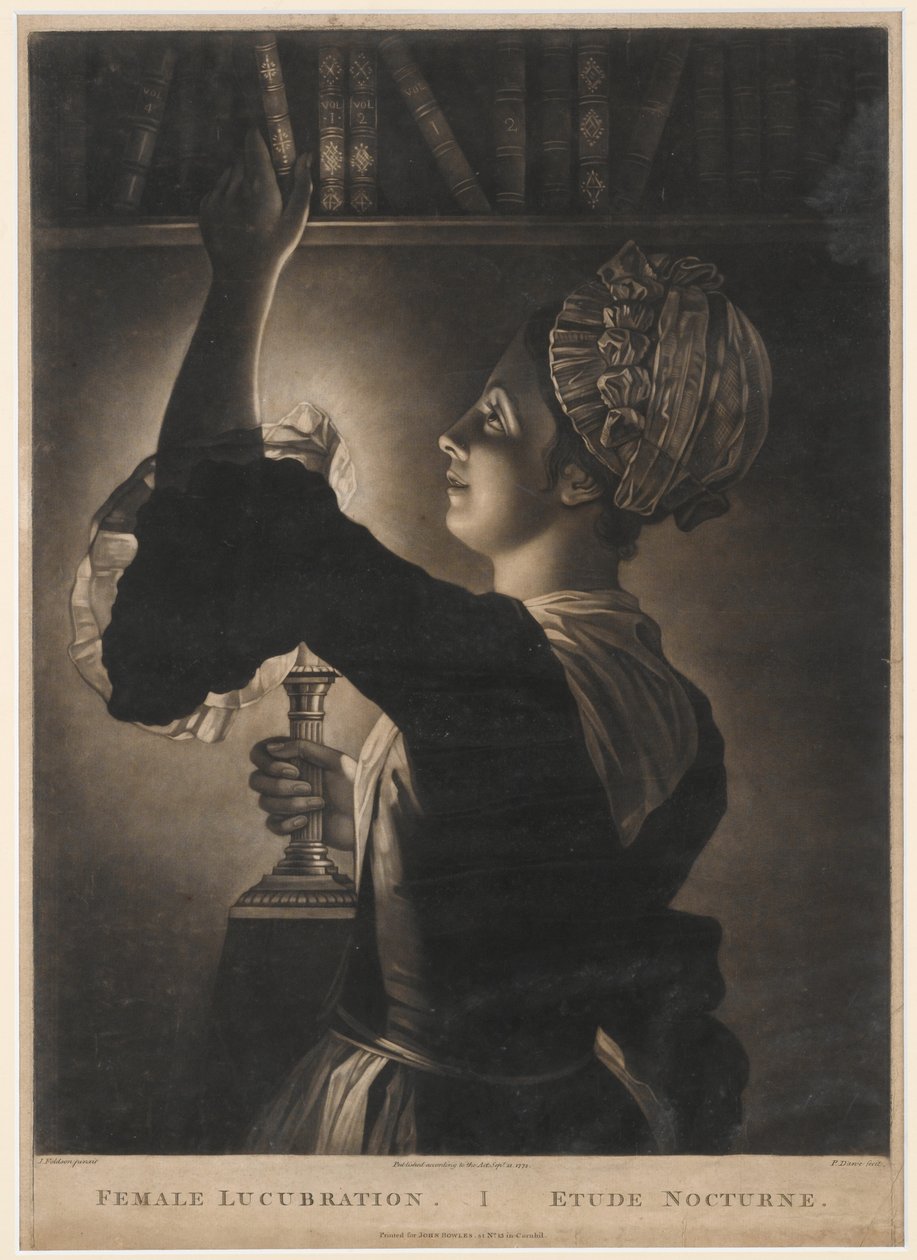 Female Lucubration, trykk laget av Philip Dawe, 1772 (mezzotint) av John Foldson