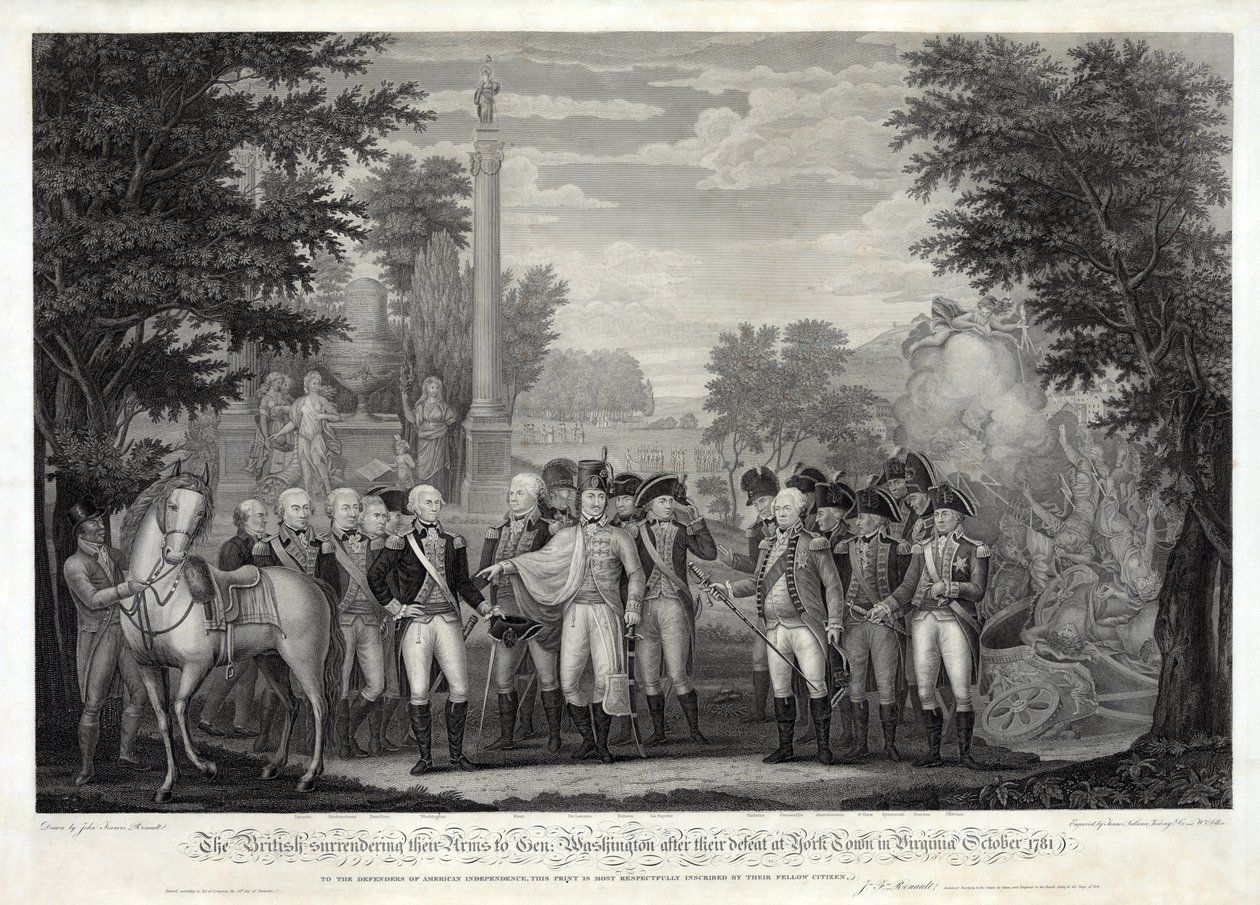 Britene overga våpnene til general Washington etter nederlaget ved York Town i Virginia oktober 1781, pub. 1819 (bw gravering) av John Francis Renault