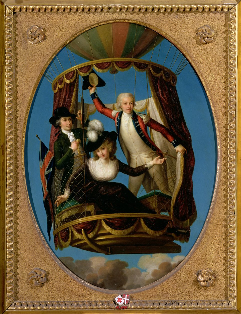 Kaptein Vincenzo Lunardi med sin assistent George Biggin og fru Letitia Anne Sage, i en ballong, 1785 (olje på kobber) av John Francis Rigaud