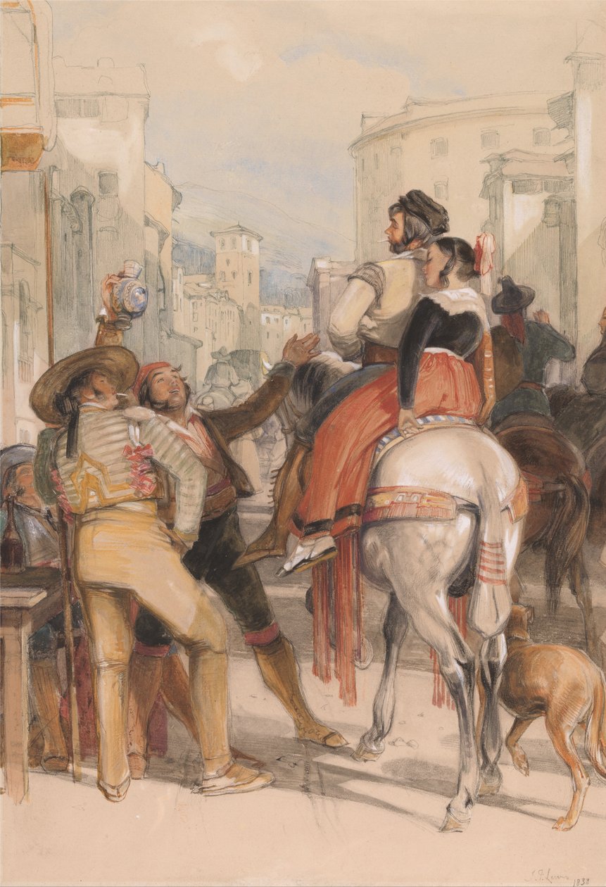 En gatescene i Granada på tyrefektningens dag av John Frederick Lewis