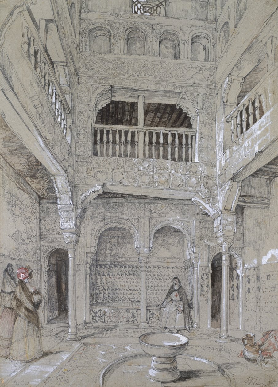 Inngang til badene ved Alhambra (grafitt og hvit kroppsfarge med korte innslag av akvarell på grått papir) av John Frederick Lewis