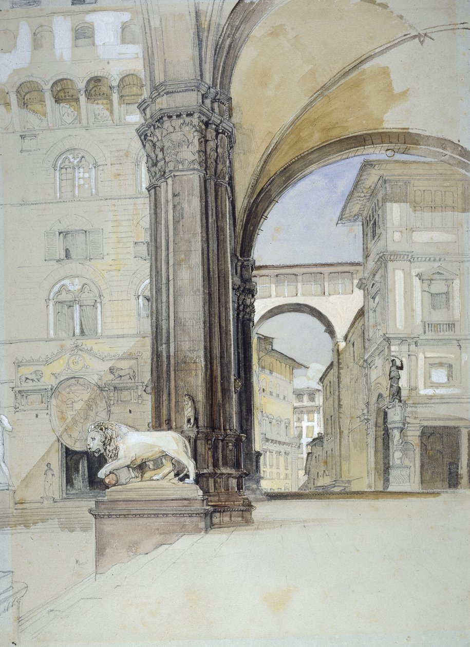 Firenze: Palazzo Vecchio og Uffizi (akvarell over svart kritt med penn og brunt blekk på blekgrønt papir) av John Frederick Lewis