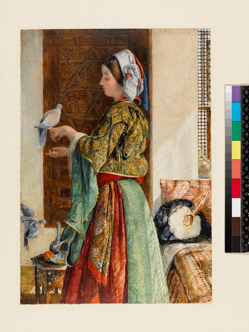 Girl with Two Caged Doves, Kairo, 1864 (wc og kroppsfarge over blyant på tynt kort) av John Frederick Lewis