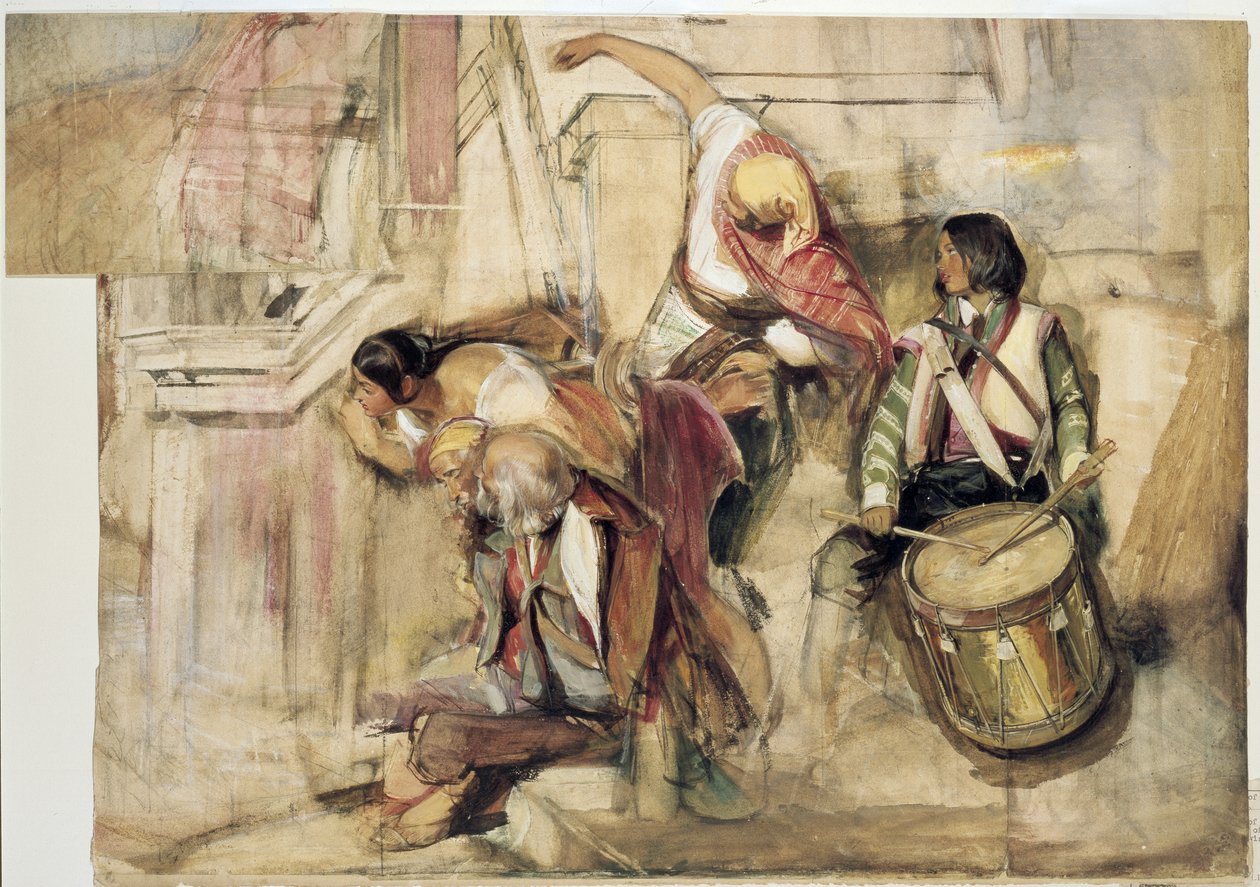 Studie for Proclamation of Don Carlos (akvarell og kroppsfarge over grafitt, på papir med to ark lagt til) av John Frederick Lewis