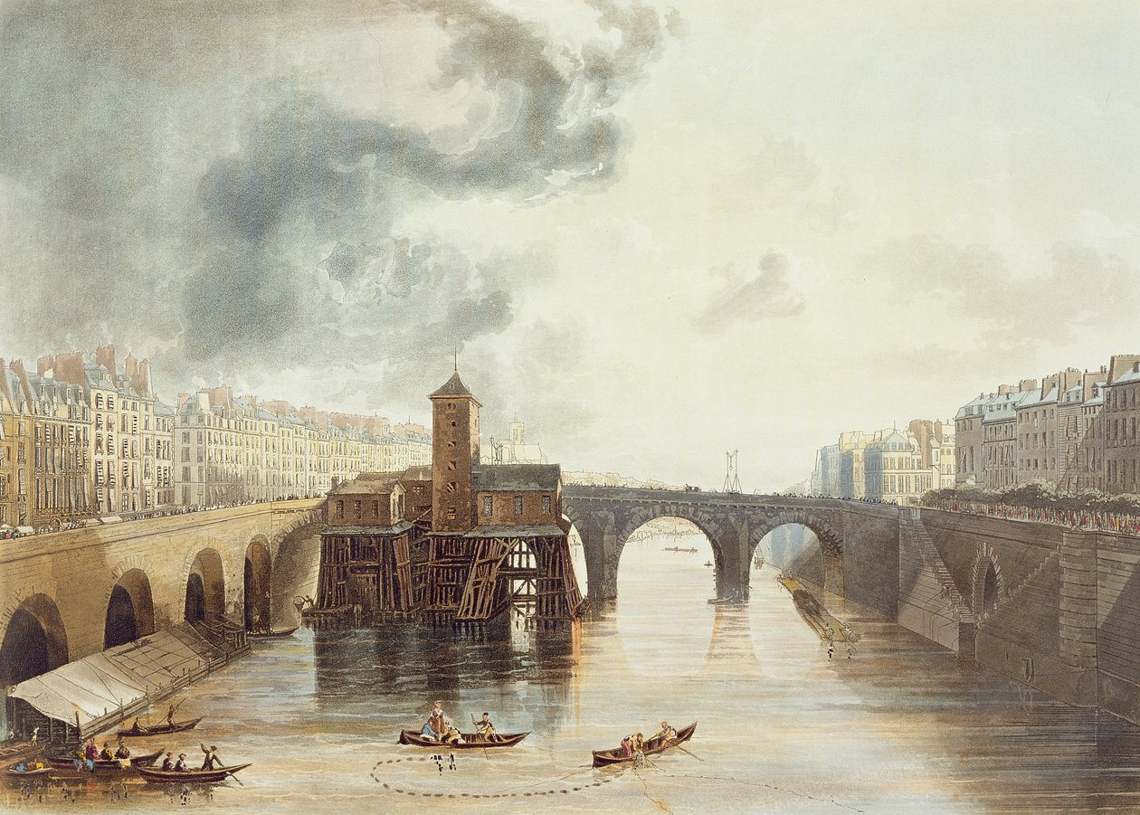 Pont Notre Dame, fra 'Views on the Seine', gravert av Thomas Sutherland (f.1785) utgitt av R. Ackermann (1764-1834) 1821 av John Gendall