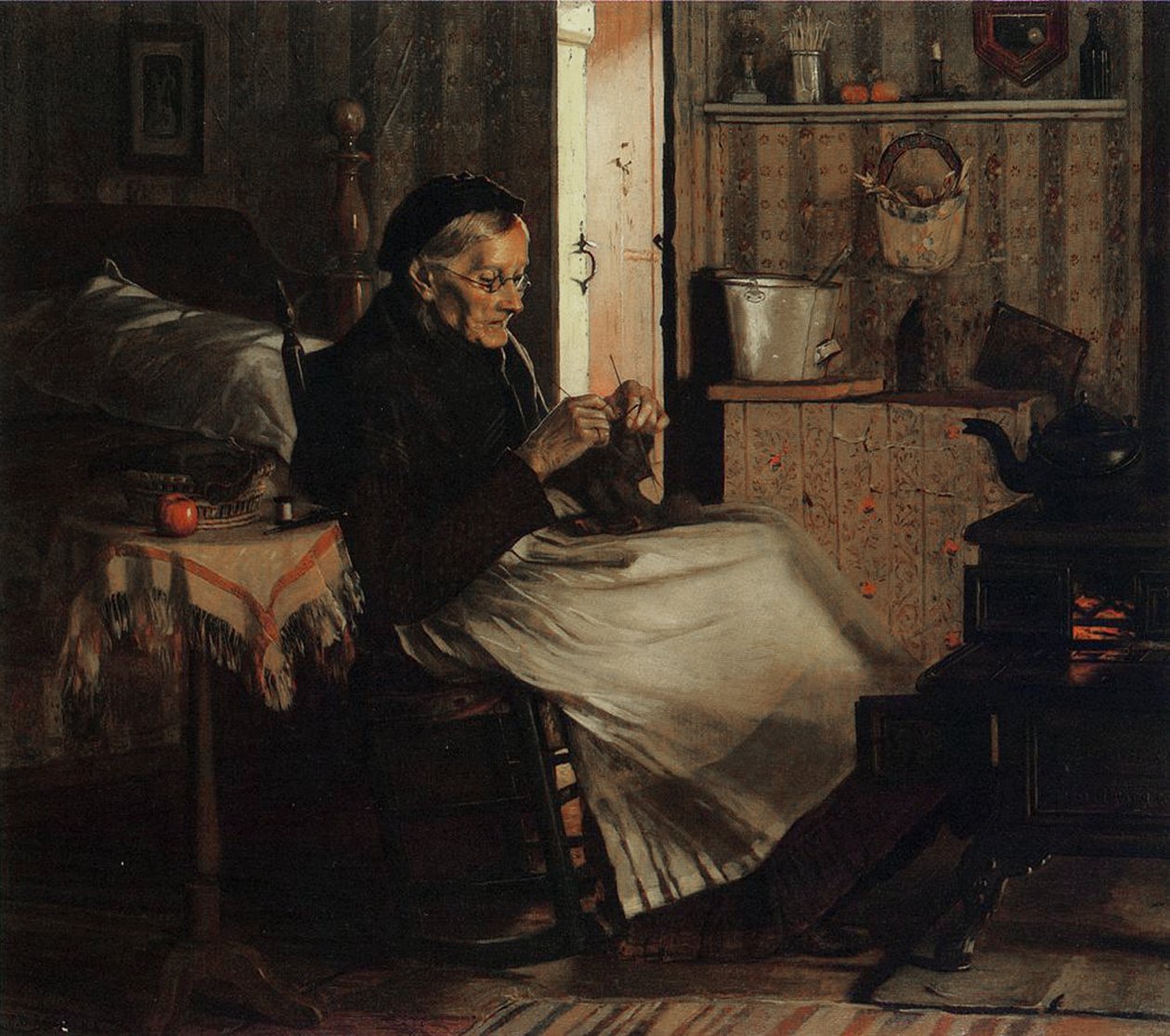 En gammel kvinne som strikker, ca. 1893 av John George Brown