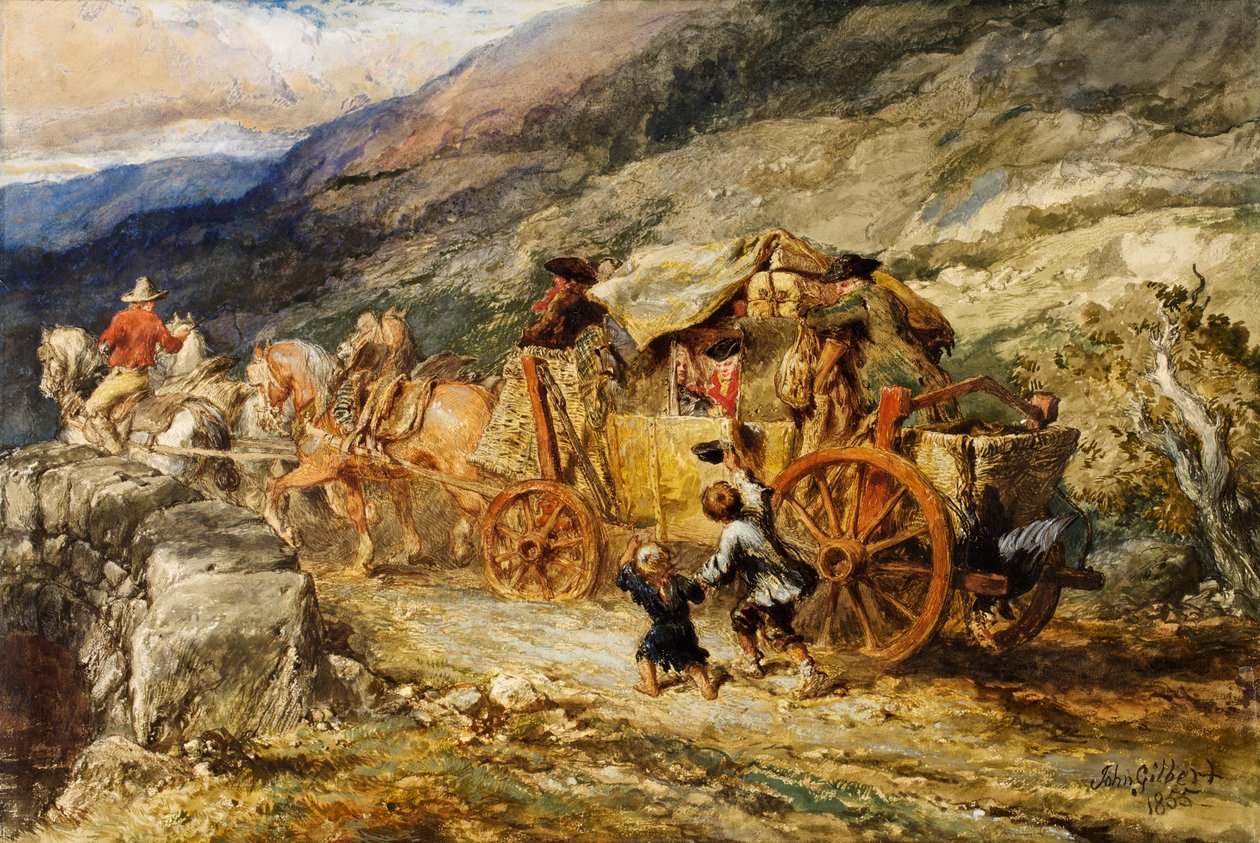 Scenecoach of the Last Century, 1855 (wc und gouache på papir) av John Gilbert