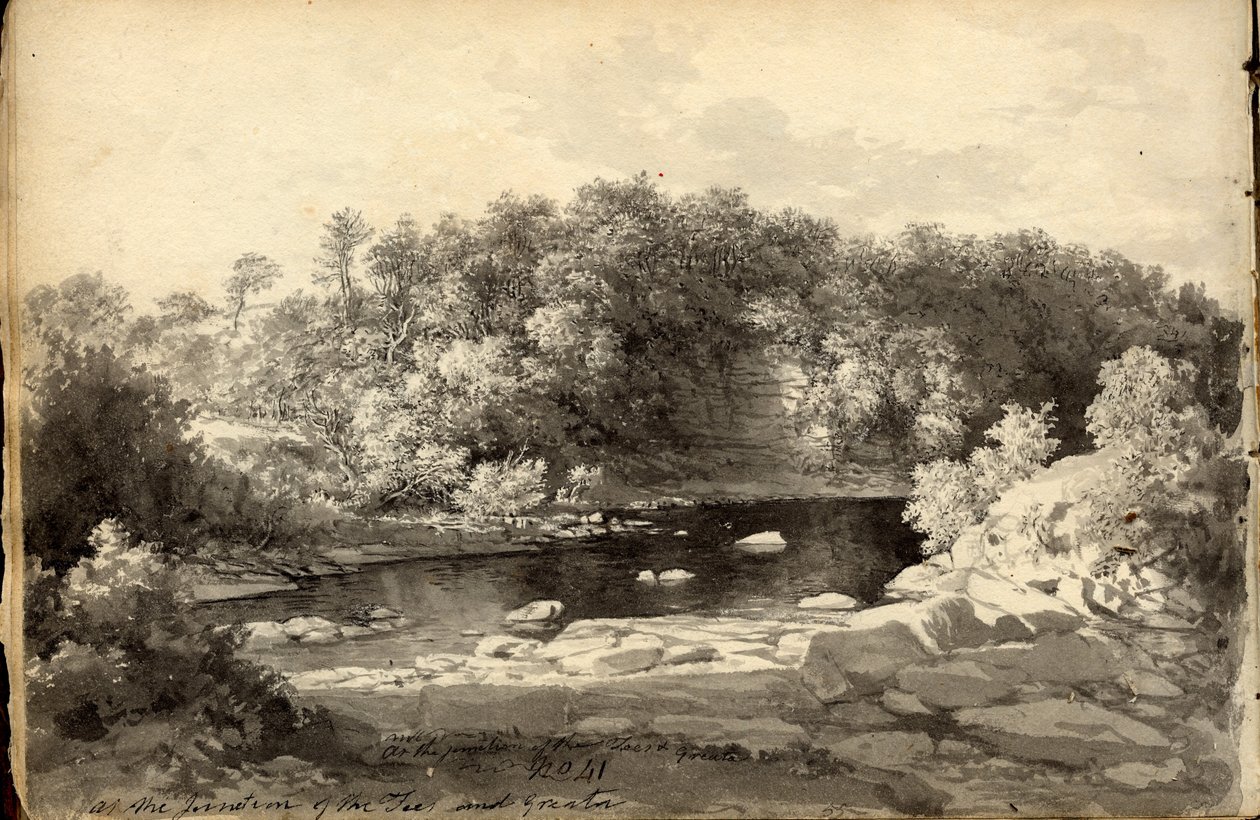 At the Junctions of the Tees and Greta (blekk (svart) og blyant på papir) av John Glover