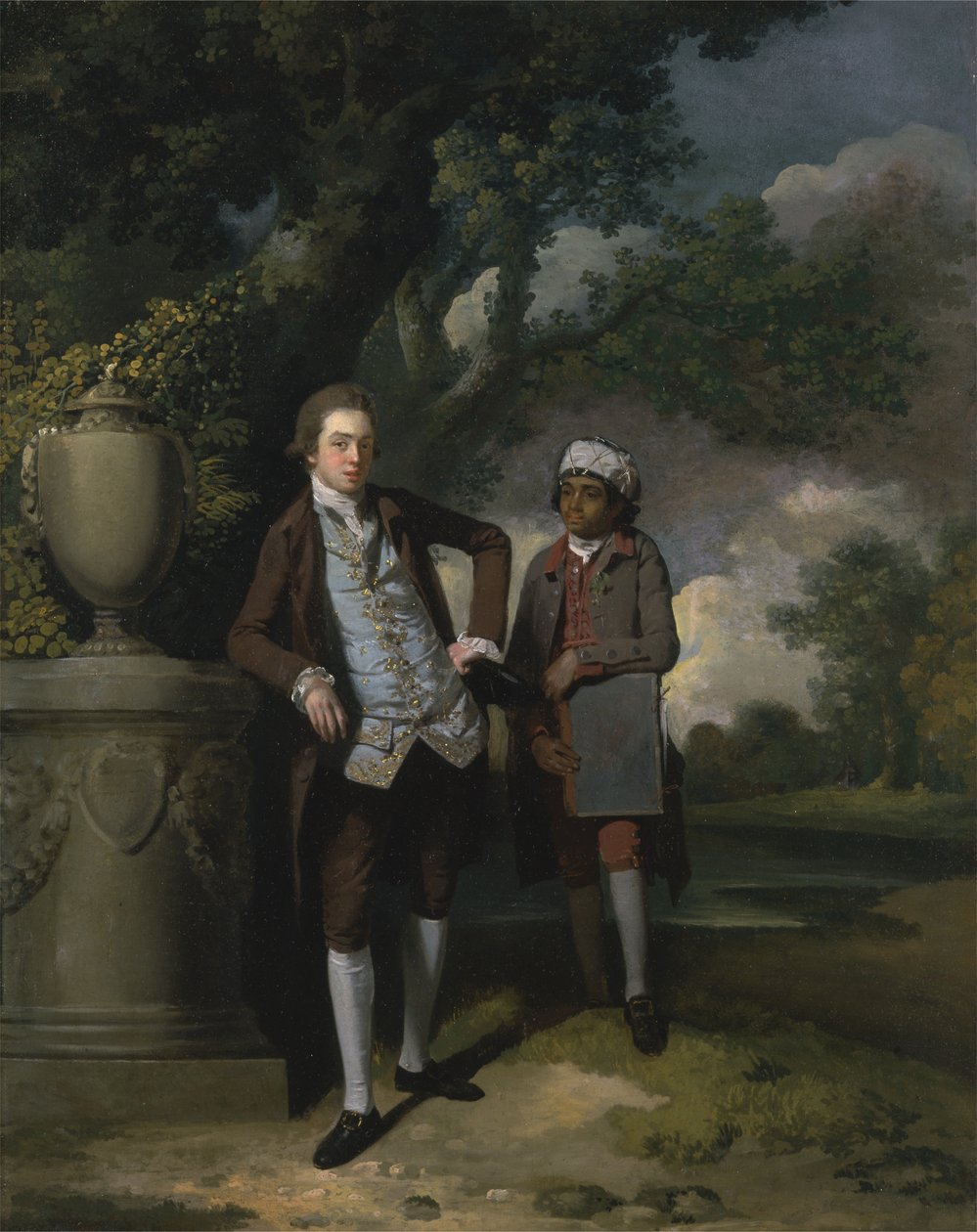 En ung mann med sin indiske tjener som holder en portefølje av John Hamilton Mortimer