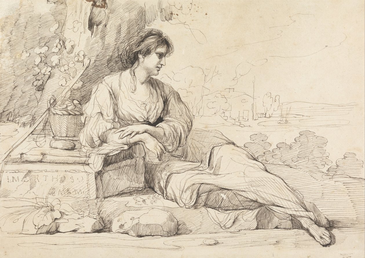 Liggende kvinnefigur i et italiensk landskap av John Hamilton Mortimer