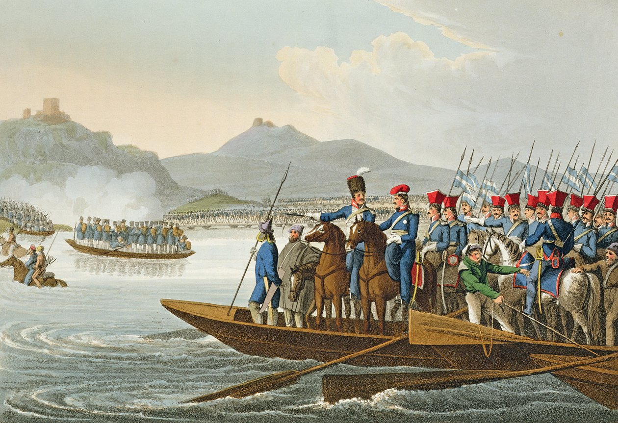 Den allierte hæren krysser Rhinen for å invadere Frankrike, 1813, gravert av Matthew Dubourg (fl.1813-20) fra "Historiske, militære og marineanekdoter", pub. av Edward Orme (1774-c.1820) 1816 (akvatint) av John Heaviside Clark