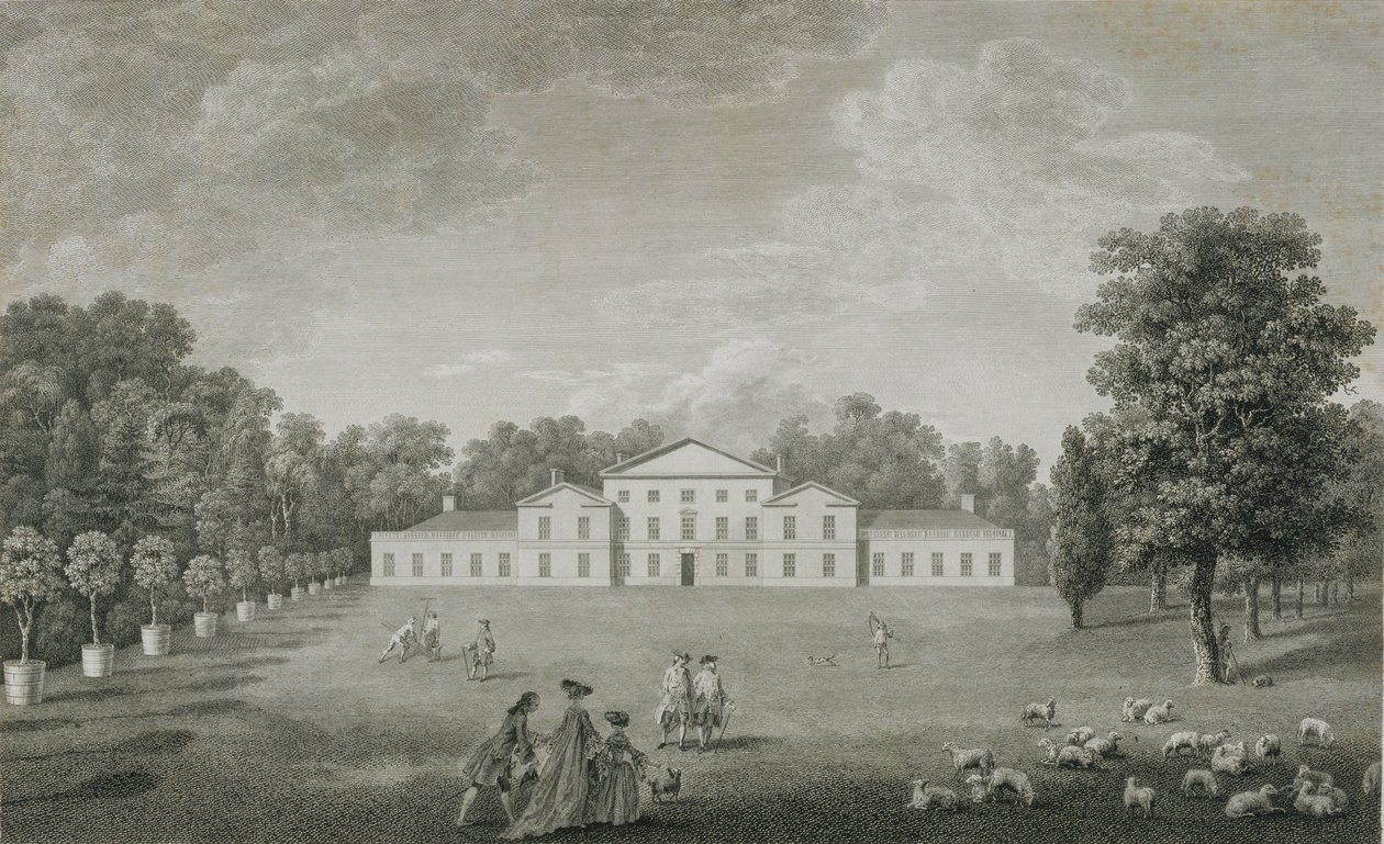 Utsikt over palasset ved Kew fra plenen, gravert av William Woollett (1735-85) 1763 av John Joshua Kirby