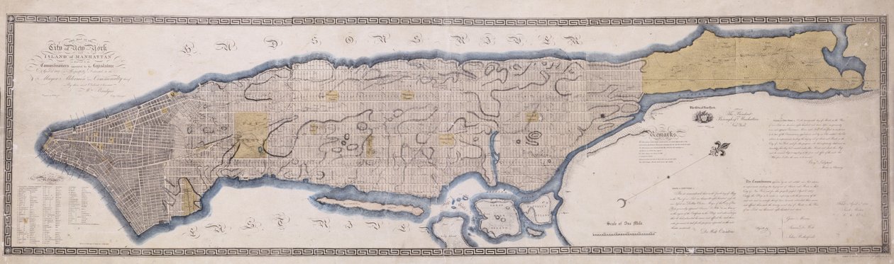 Commissioner Plan, A Map of the City of New York, av kommisjonærene utnevnt ved en lov vedtatt 3. april 1807, gravert av P. Maverick, 1811 (litografi, blekk, fargevask.) av John Jr. Randel