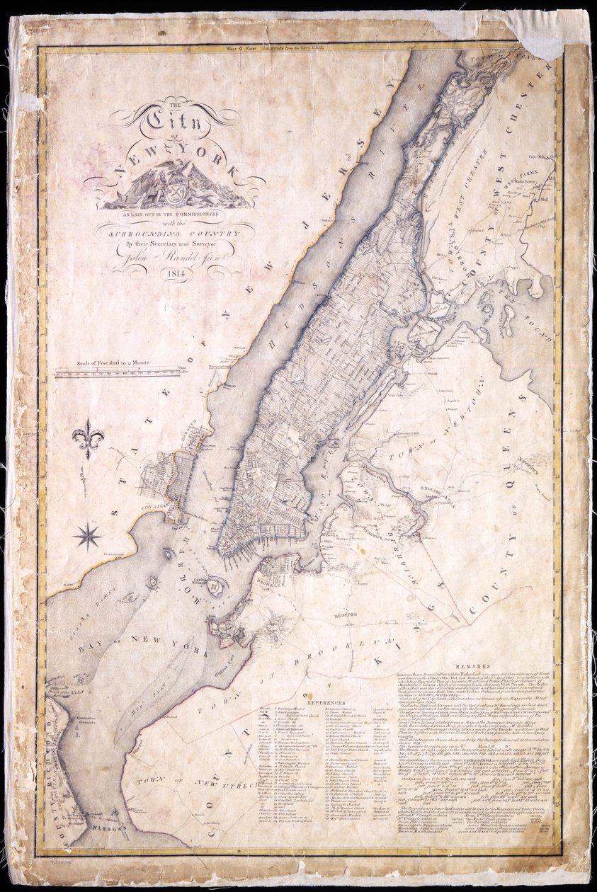 City of New York, slik det er lagt ut av kommisjonærene med det omkringliggende landet, av deres sekretær og landmåler John Randel, Jr., 1814, 1814 (Penn-og-blekk, akvarell på papir.) av John Jr. Randel