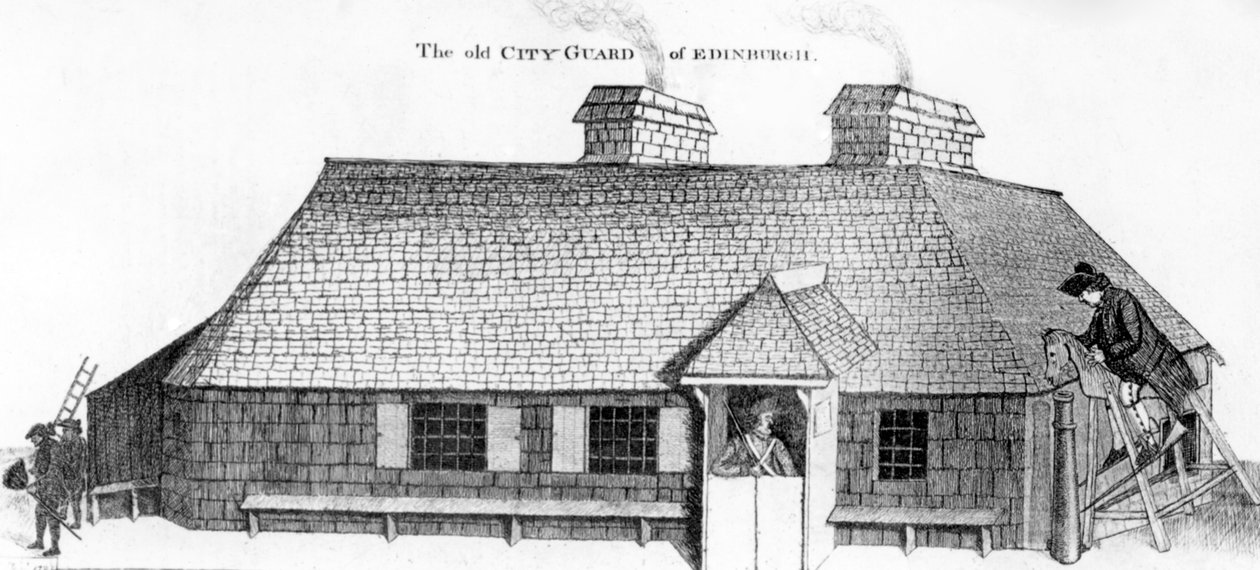 Old City Guard of Edinburgh med trehesten for å straffe soldaten, 1786 av John Kay