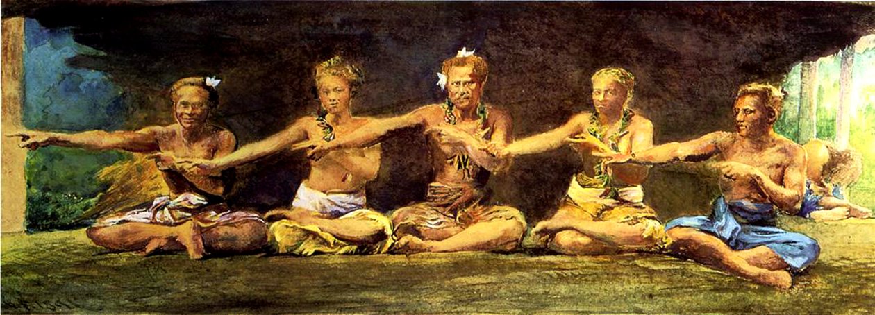Siva dans med 5 dansere, Vaiala, Samoa, 1890 (wc und gouache på papir) av John La Farge or Lafarge