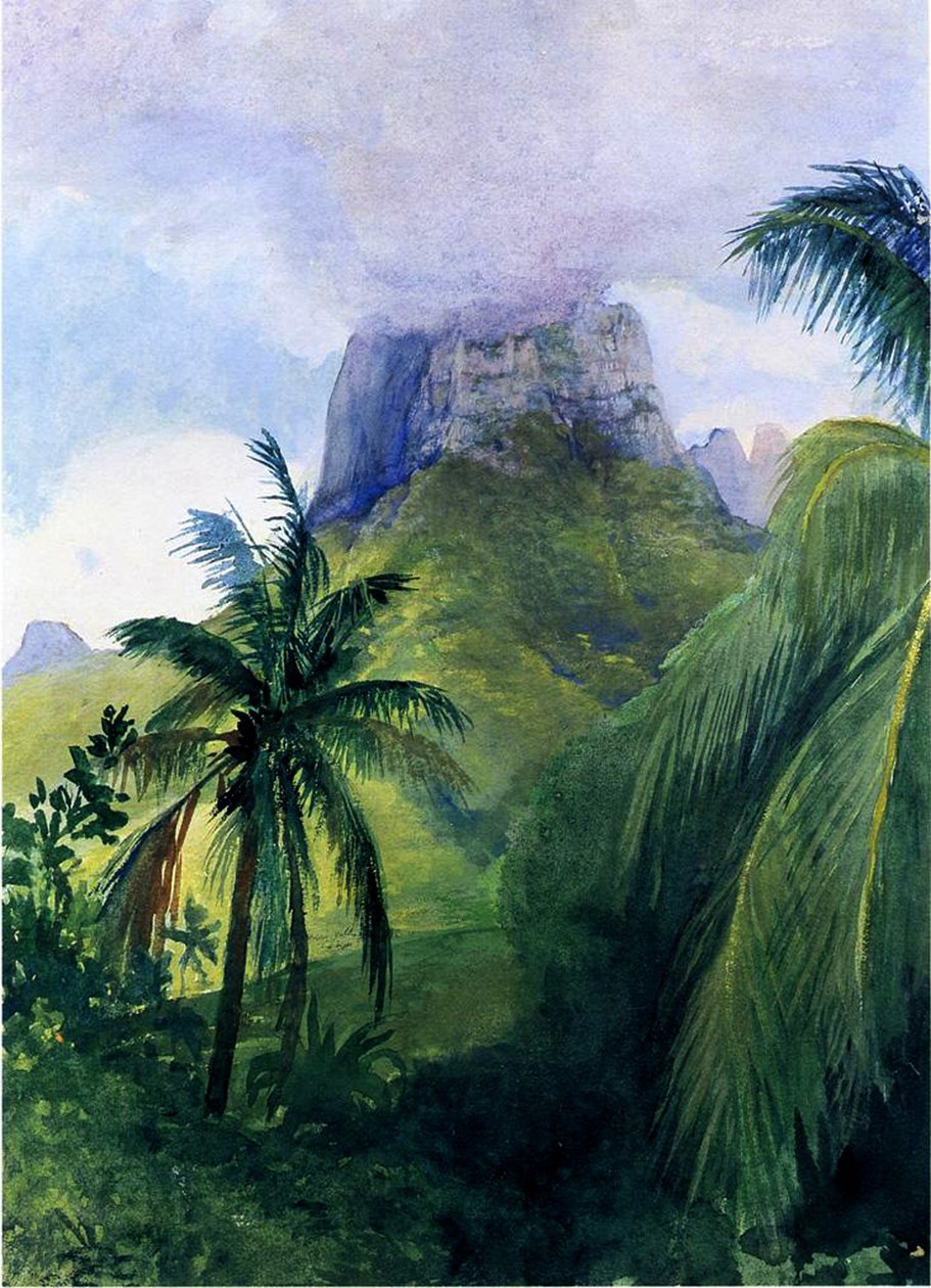 The Peak of Maua Roa, Moorea, Society Islands, 1891 (wc und gouache på papir om bord) av John La Farge or Lafarge