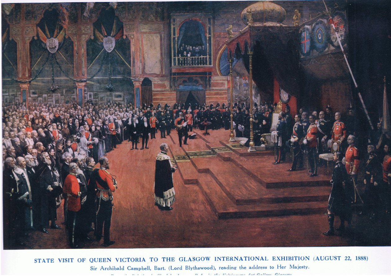 Statsbesøk av dronning Victoria til Glasgow International Exhibition (22. august 1888), fra Cassells History of the British People utgitt av Waverley Book Company Limited, ca. 1940 (farge litho) av John Lavery