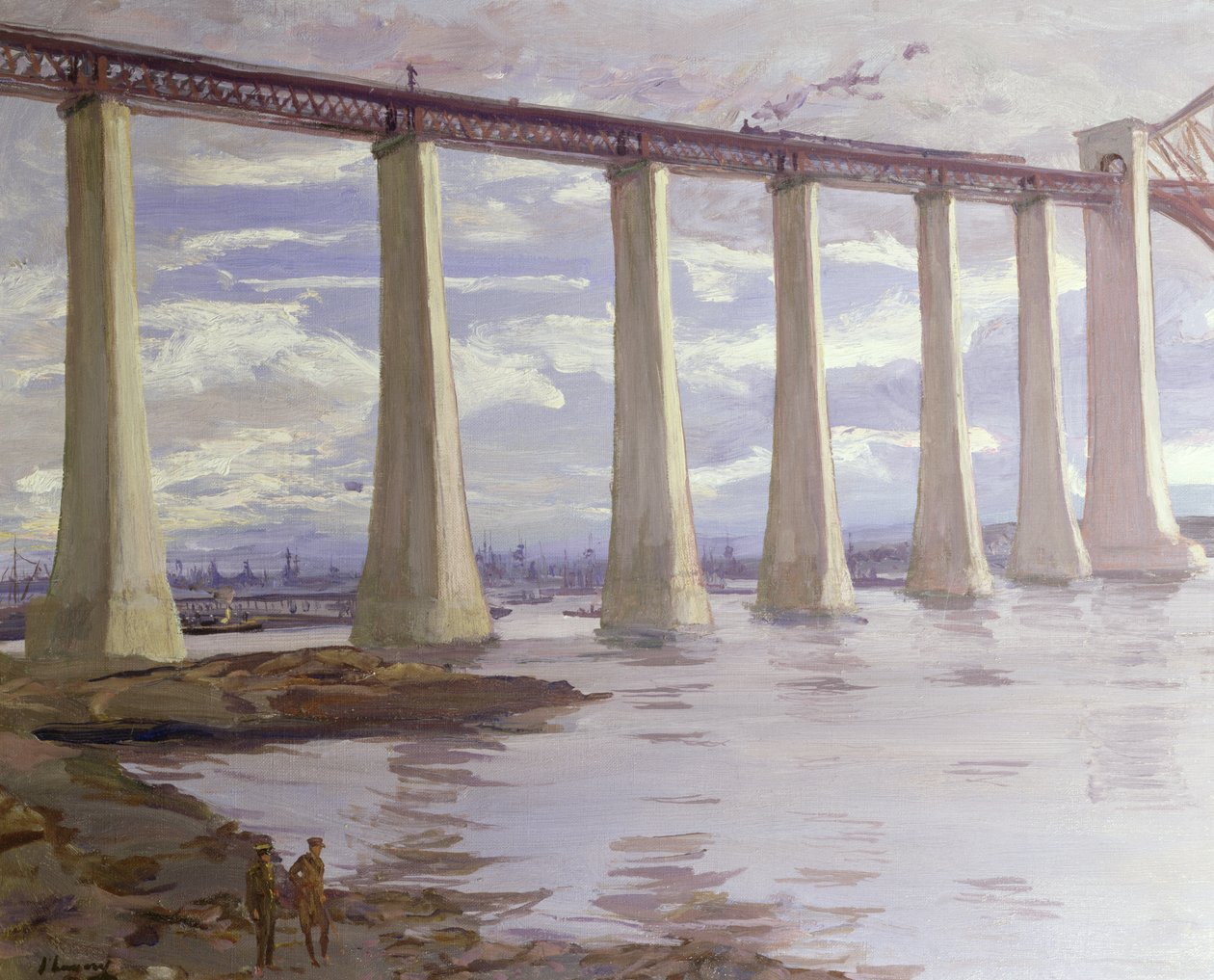 The Piers, Forth Bridge med den store flåten i det fjerne, 1917 av John Lavery