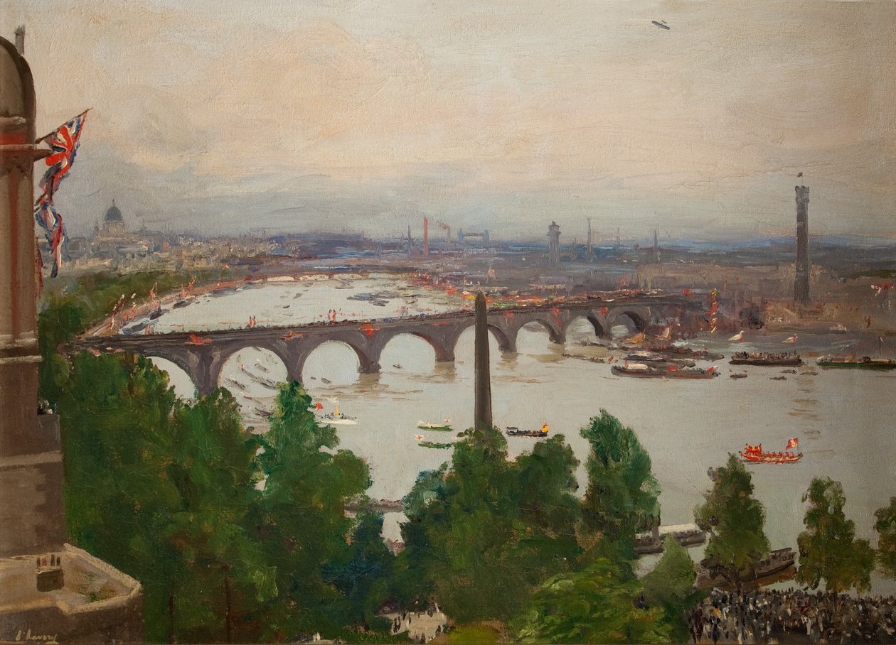 The River Pageant, sett fra hjemmet til Sir James Barries, Adelphi Terrace, London, 4. august 1919, 1919 av John Lavery