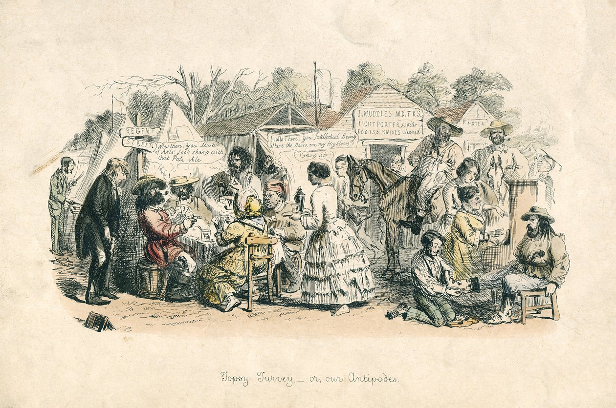 Topsy turvey - eller, våre antipoder, 1864 (håndfarget etsning) av John Leech