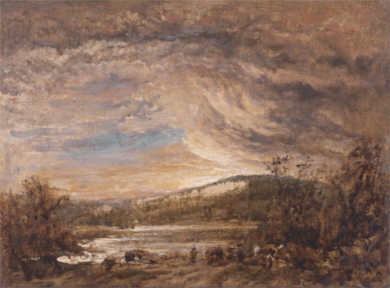 Et elvelandskap, solnedgang av John Linnell