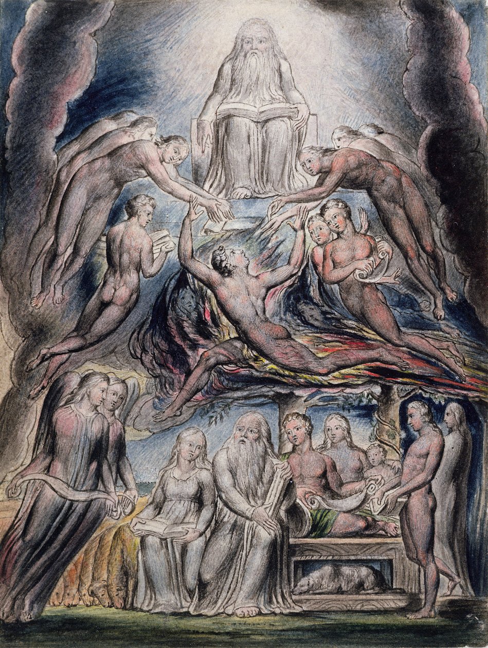 Illustrasjoner av Jobs bok, pl.3 (side 2): Satan foran Guds trone, etter William Blake (1757-1827) (penn og blekk og wc) av John Linnell