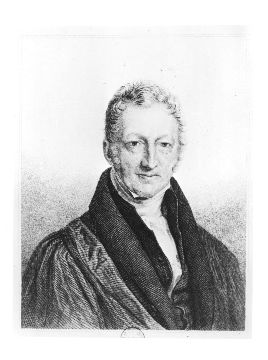 Portrett av Thomas Robert Malthus (1766-1834) gravert av Fournier for 