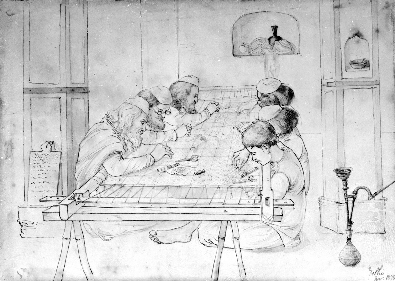 Menn som arbeider ved en broderiramme, 1870 (blyant, penn og vask på papir) av John Lockwood Kipling