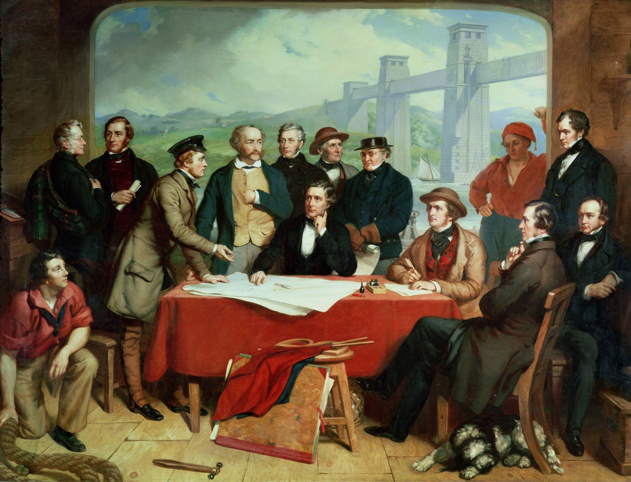 Konferanse av ingeniører ved Britannia Bridge, ca. 1850 av John Lucas