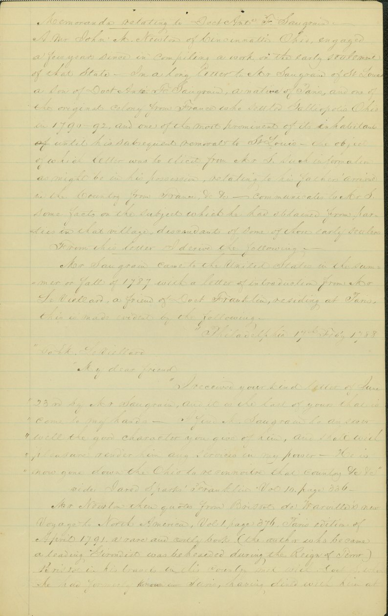 Angående Saugrains reise gjennom Amerika til han slo seg ned i St. Louis av John M. Newton