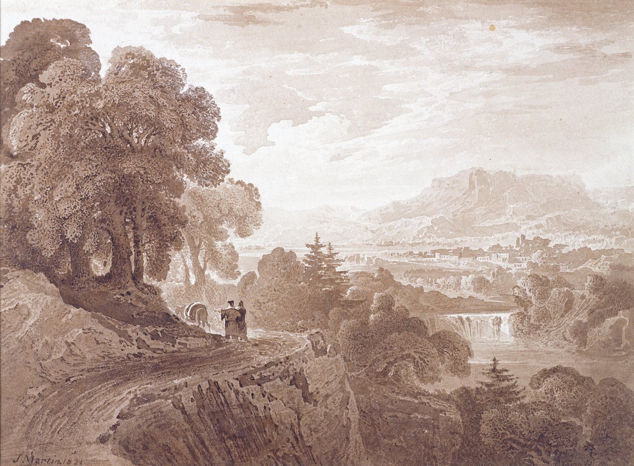 Reisende på en vei over en elv, 1821 (brun vask over grafitt på papir) av John Martin
