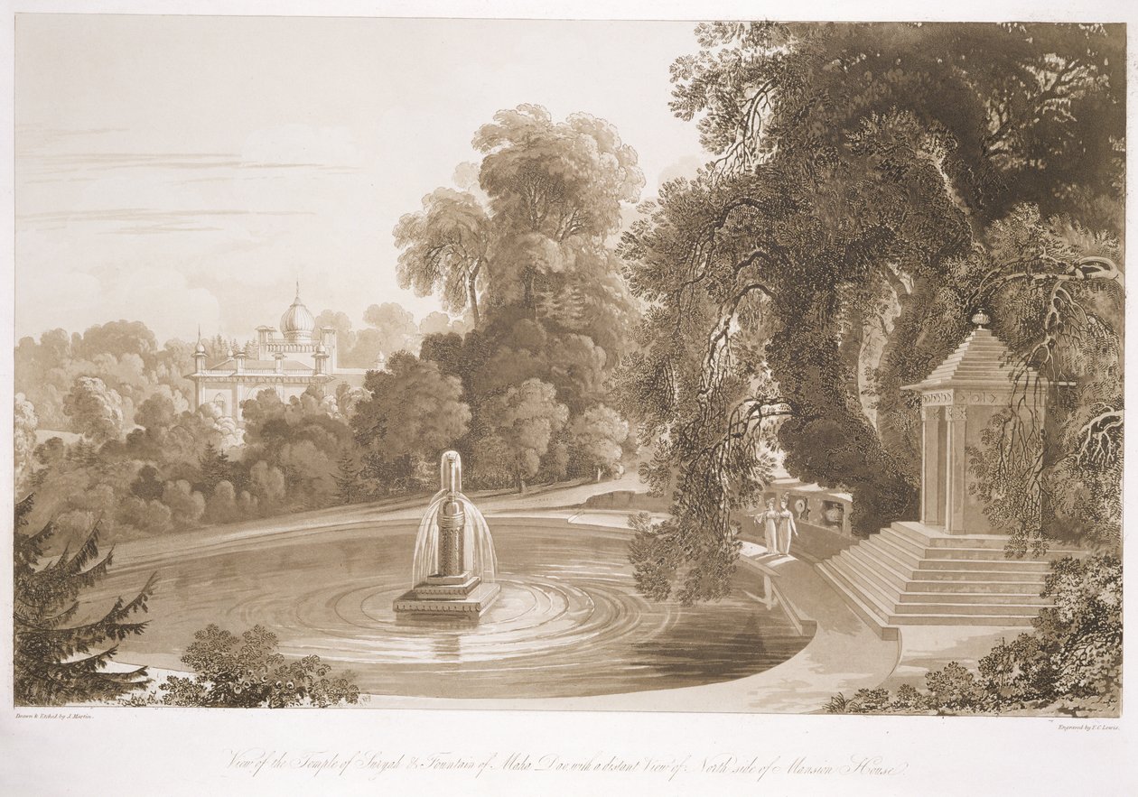 Utsikt over Suryah-tempelet og Mahah Doo-fontenen med en fjern utsikt over nordsiden av Mansion House, Sezincote, gravert av Frederick Christian Lewis Snr. (1779-1856), ca. 1817-18 (sep av John Martin
