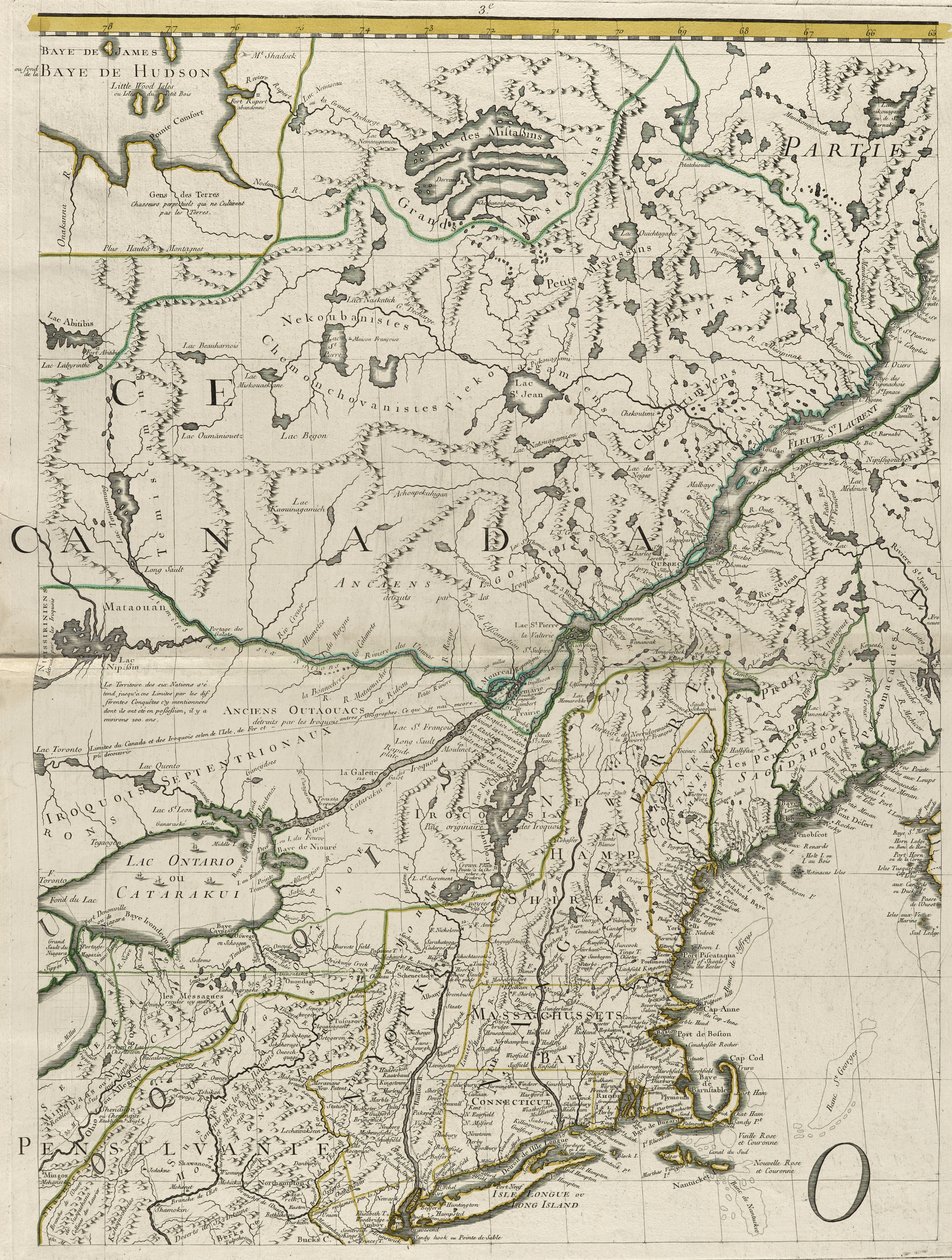 Et kart over de britiske og franske herredømmene i Amerika, 1756 (gravering med konturfarge på papir) av John Mitchell