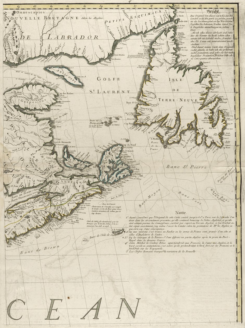 Et kart over de britiske og franske herredømmene i Amerika, 1756 (gravering med konturfarge på papir) av John Mitchell