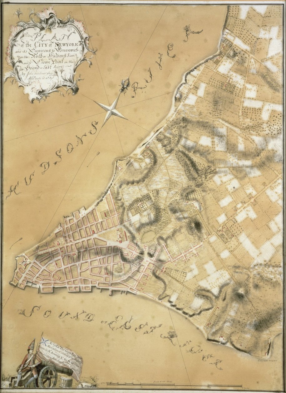 Tidlig undersøkelse av byen New York og dens omegn til Greenwich, 1766 (penn og blekk på buff-papir) av John Montresor
